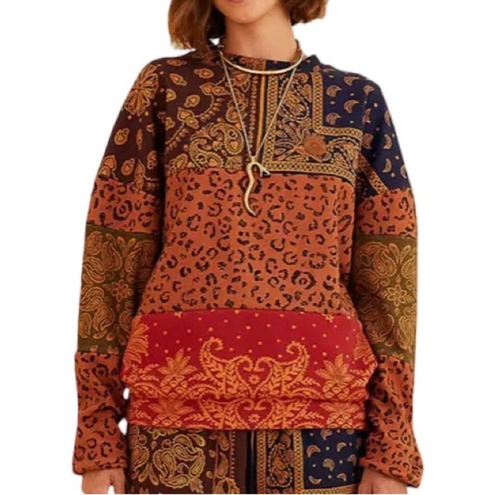 Farm Rio Bandana Dream Mixed Leopard Floral Patchwork Oversized Sweatshirt Sz S